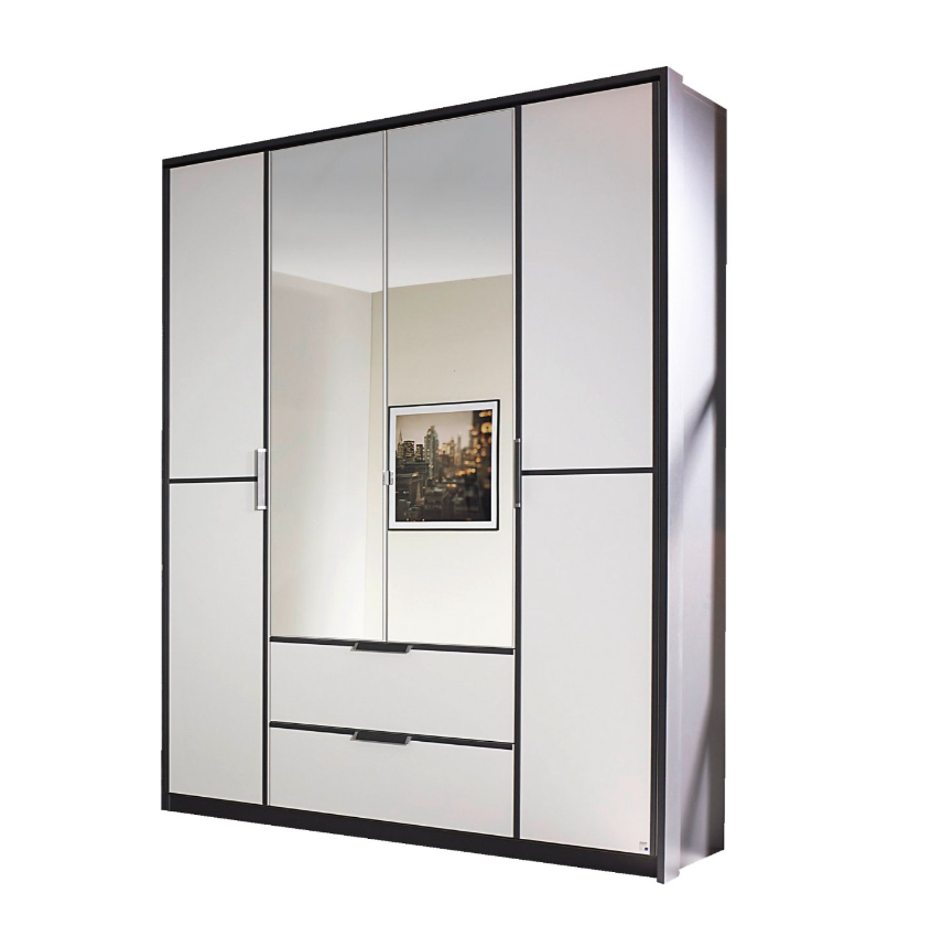 Oakwood Rauch Essensa White Glass Front and Metallic Grey Corner Wardrobe