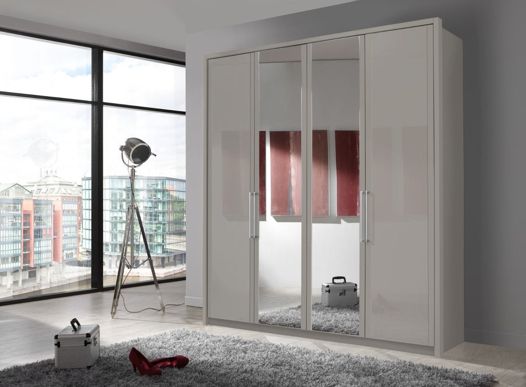 Oakwood Wiemann Berlin Pebble Grey Glass & Mirror Front 4 Door Wardrobe