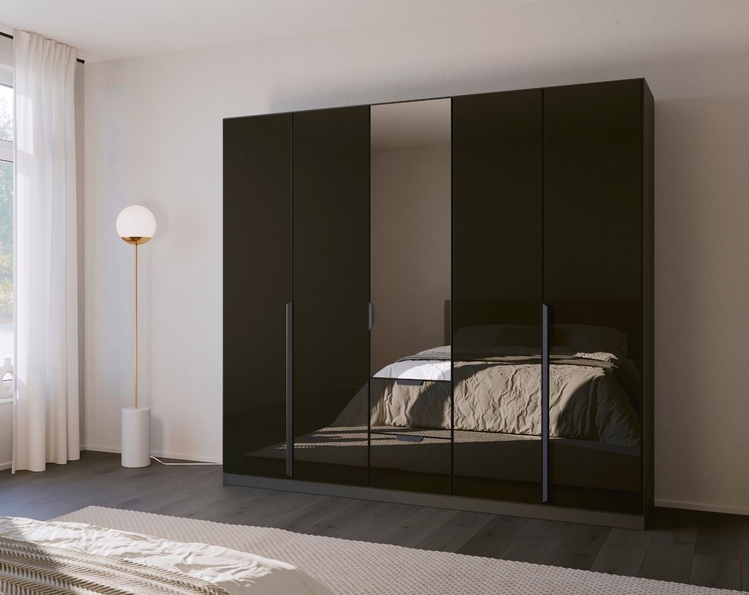 Oakwood Rauch Modern Quadra Spin Bassalt Glass With Mirror 5 Door Combi 226CM Wardrobe