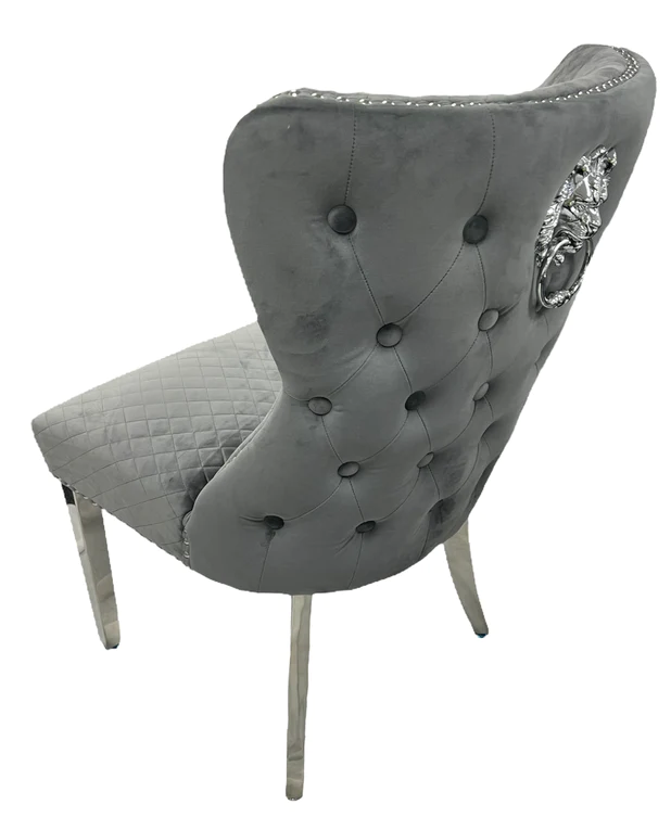 Oakwood Lewis Dark Grey Lion Knockerback Plush Velvet Dining Chairs