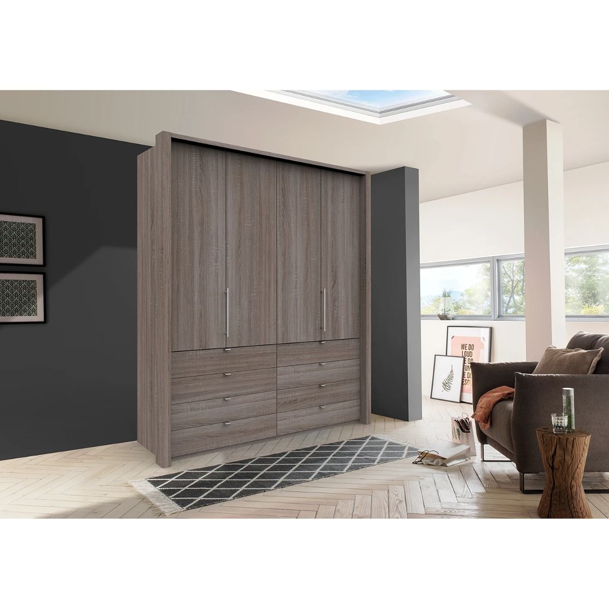 Oakwood Wiemann Loft Dark Rustic Oak 2M Bi-Folding Doors Wardrobe With Drawers