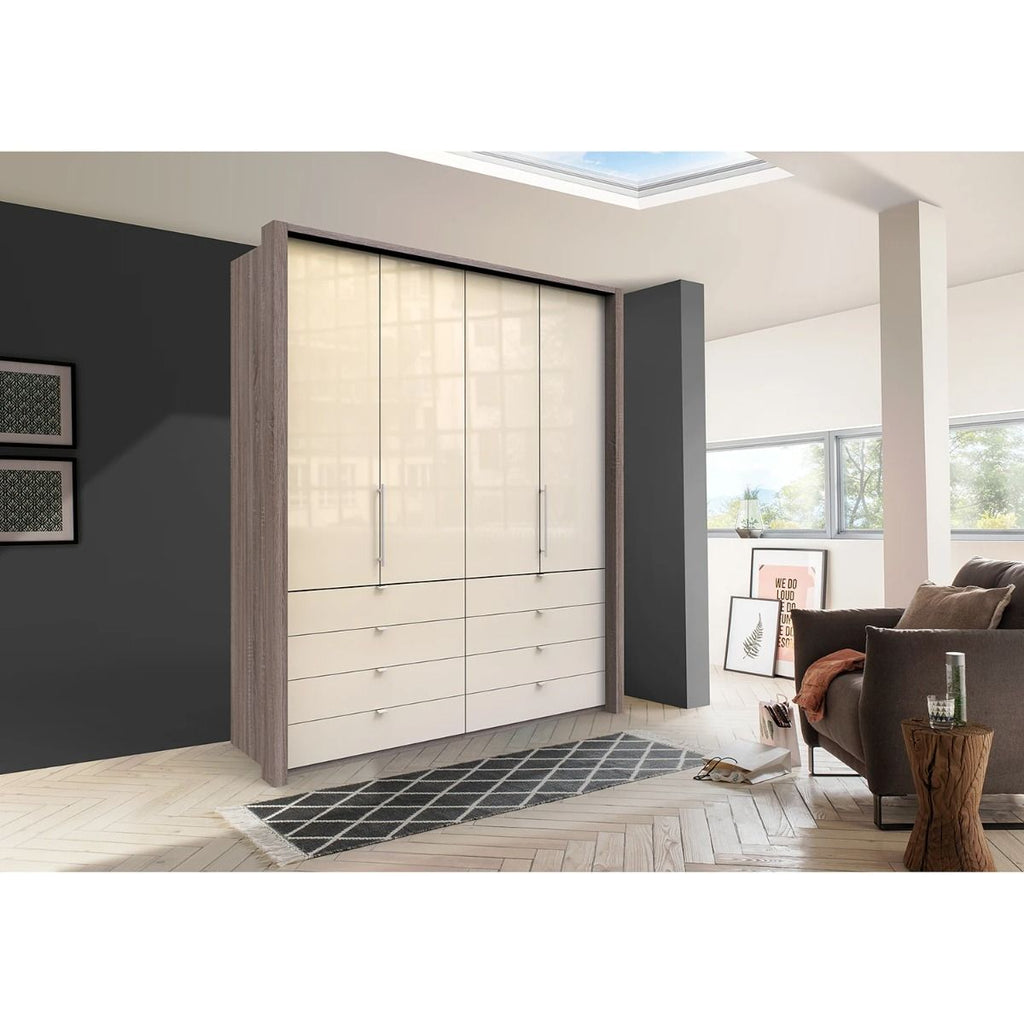 Oakwood Wiemann Loft Magnolia Glass Front 200CM Bi-Folding Doors Wardrobe With Drawers