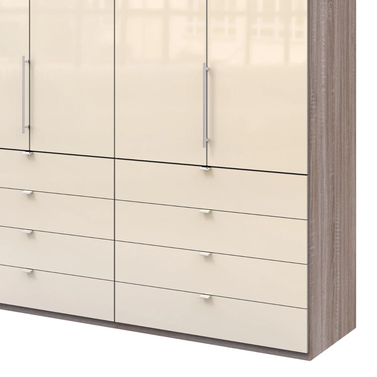 Oakwood Wiemann Loft Magnolia Glass Front 200CM Bi-Folding Doors Wardrobe With Drawers