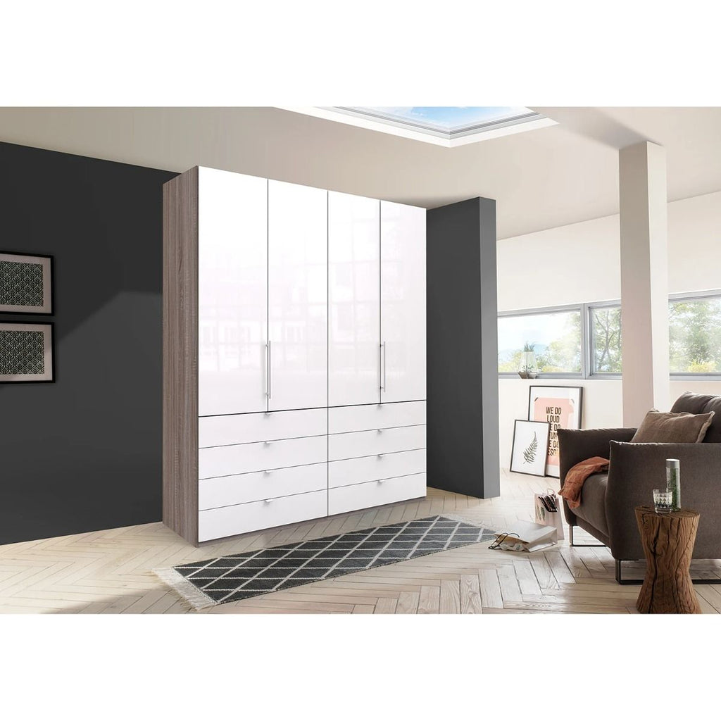 Oakwood Wiemann Loft White Glass Front 200CM Bi-Folding Doors Wardrobe With Drawers
