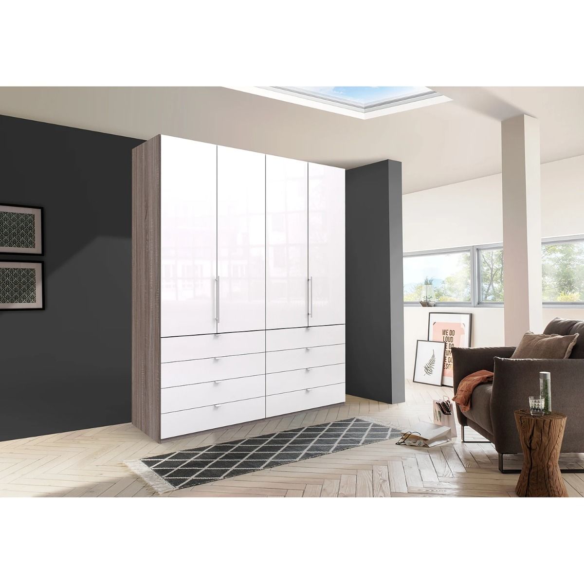 Oakwood Wiemann Loft White Glass Front 200CM Bi-Folding Doors Wardrobe With Drawers