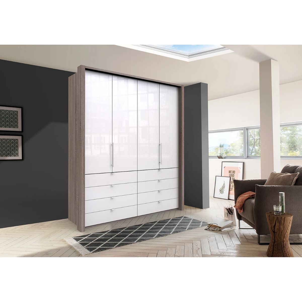 Oakwood Wiemann Loft White Glass Front 200CM Bi-Folding Doors Wardrobe With Drawers