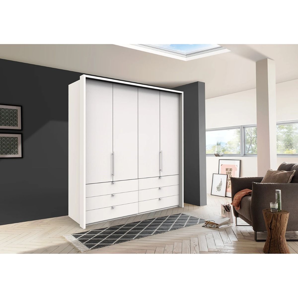 Oakwood Wiemann Loft White Glass 200CM Bi-Folding Doors Wardrobe With Drawers