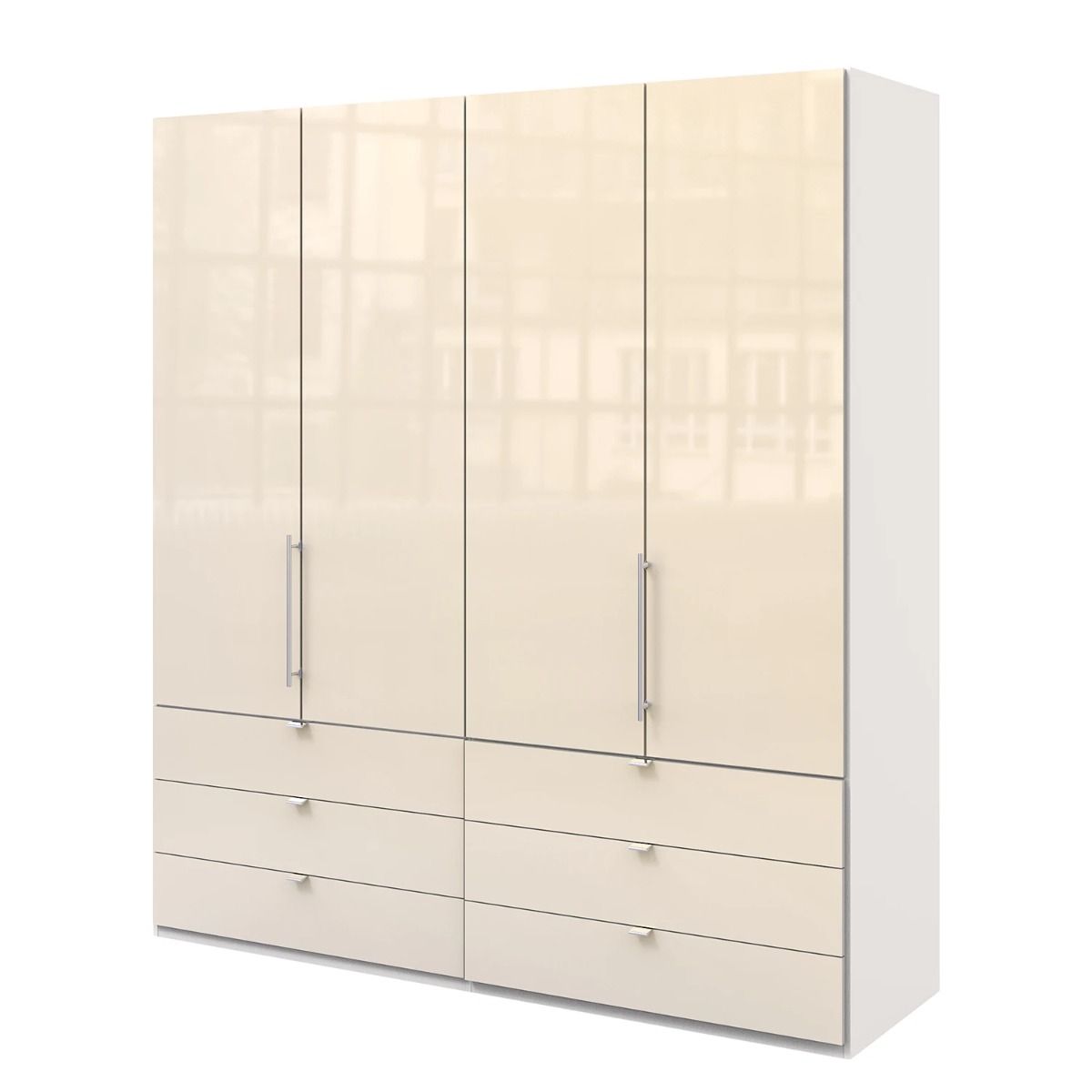 Oakwood Wiemann Loft Magnolia Glass Front 2M Bi-Folding Doors Wardrobe With Drawers