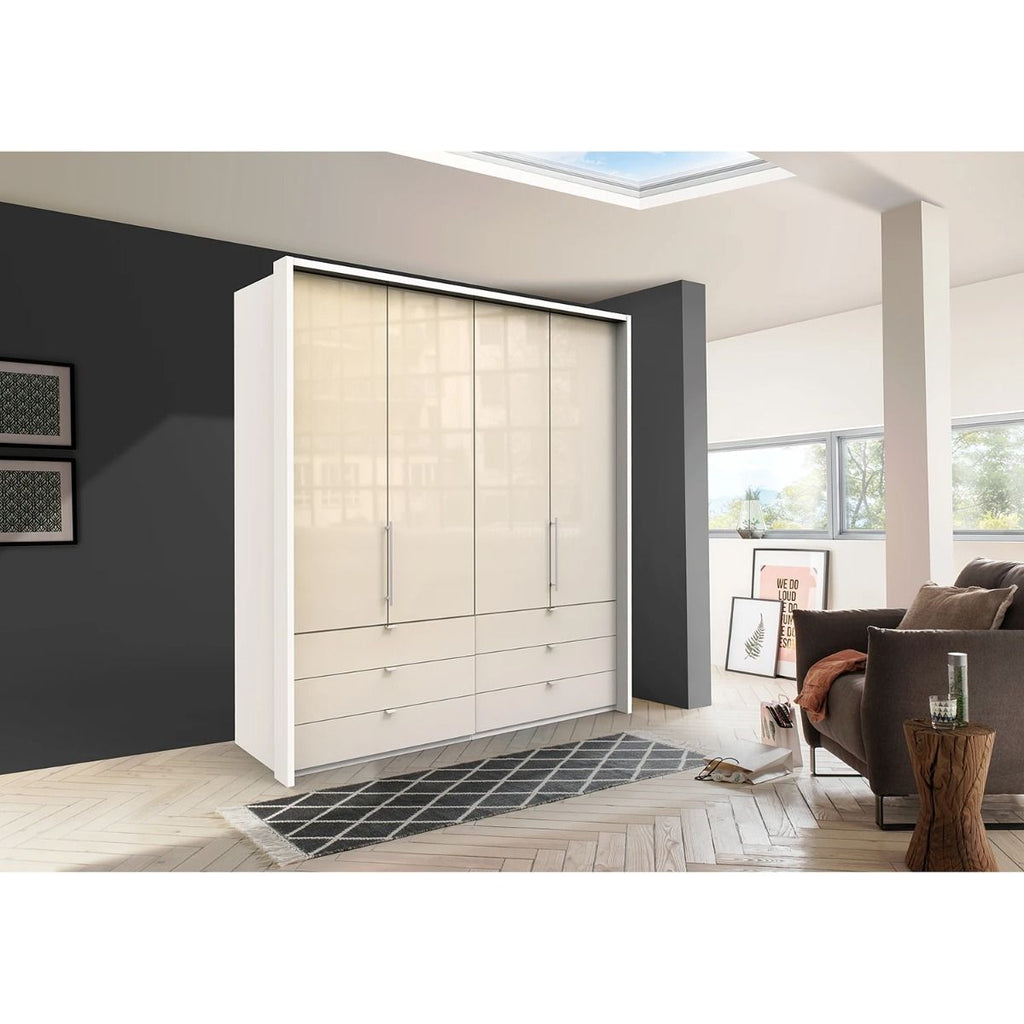 Oakwood Wiemann Loft Magnolia Glass Front 2M Bi-Folding Doors Wardrobe With Drawers