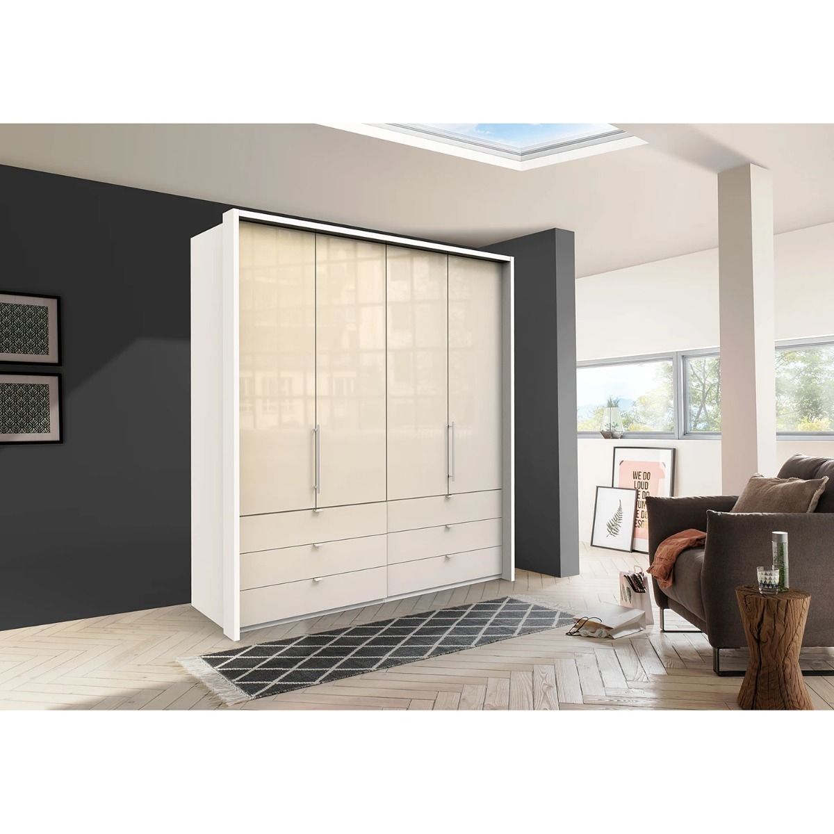 Oakwood Wiemann Loft Magnolia Glass Front 2M Bi-Folding Doors Wardrobe With Drawers