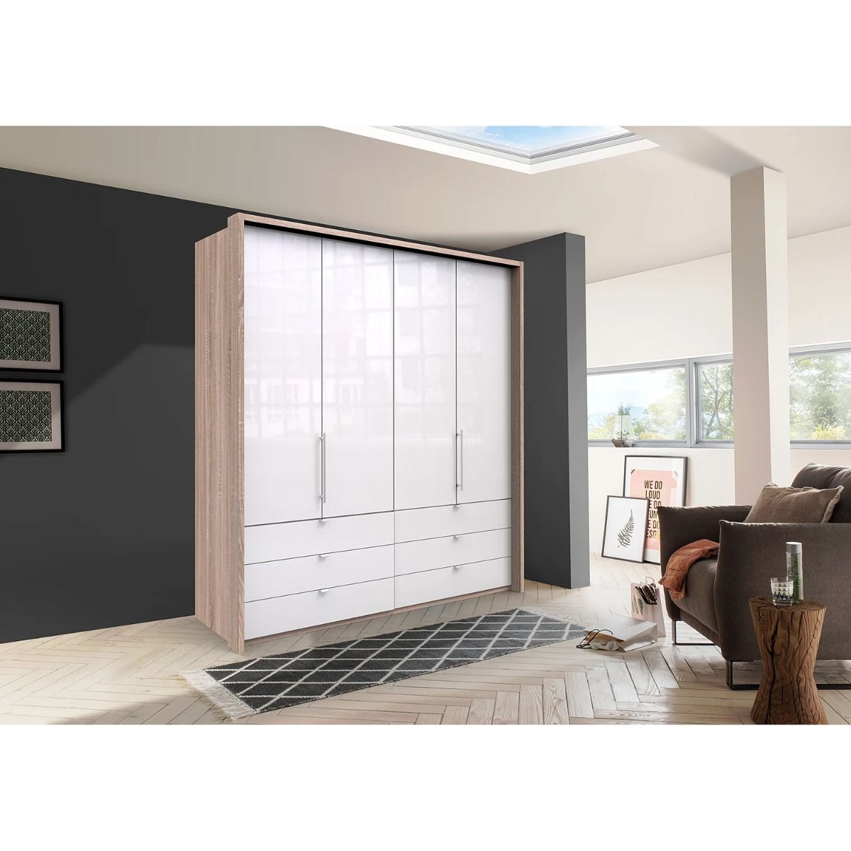Oakwood Wiemann Loft White Glass Front 200CM Bi-Folding Doors Wardrobe With Drawers