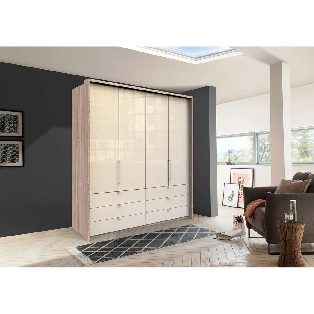 Oakwood Wiemann Loft Magnolia Glass Front 200CM Bi-Folding Doors Wardrobe With Drawers