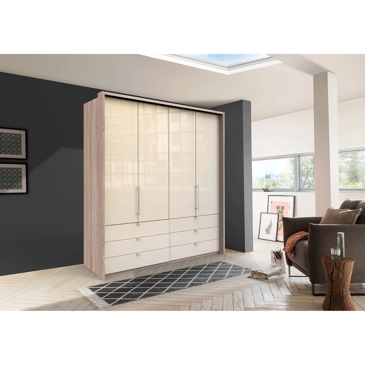Oakwood Wiemann Loft Magnolia Glass Front 200CM Bi-Folding Doors Wardrobe With Drawers