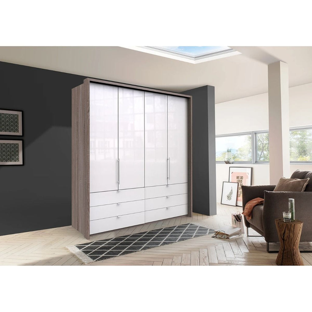 Oakwood Wiemann Loft White Glass Front 200CM Bi-Folding Doors Wardrobe With Drawers