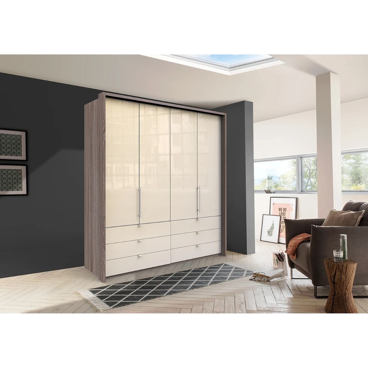 Oakwood Wiemann Loft Magnolia Glass Front 200CM Bi-Folding Doors Wardrobe With Drawers