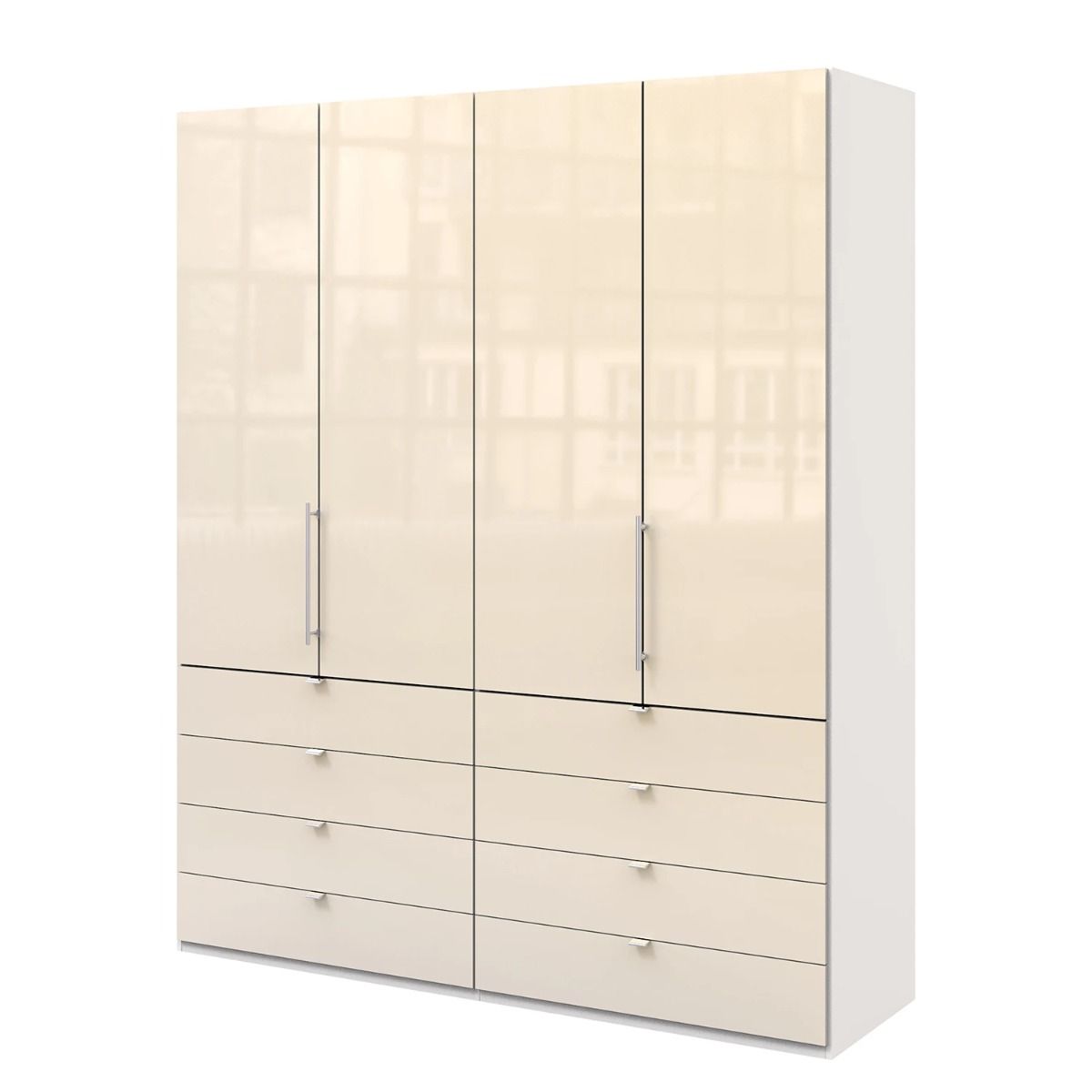 Oakwood Wiemann Loft Magnolia Glass Front 2M Bi-Folding Doors Wardrobe With Drawers