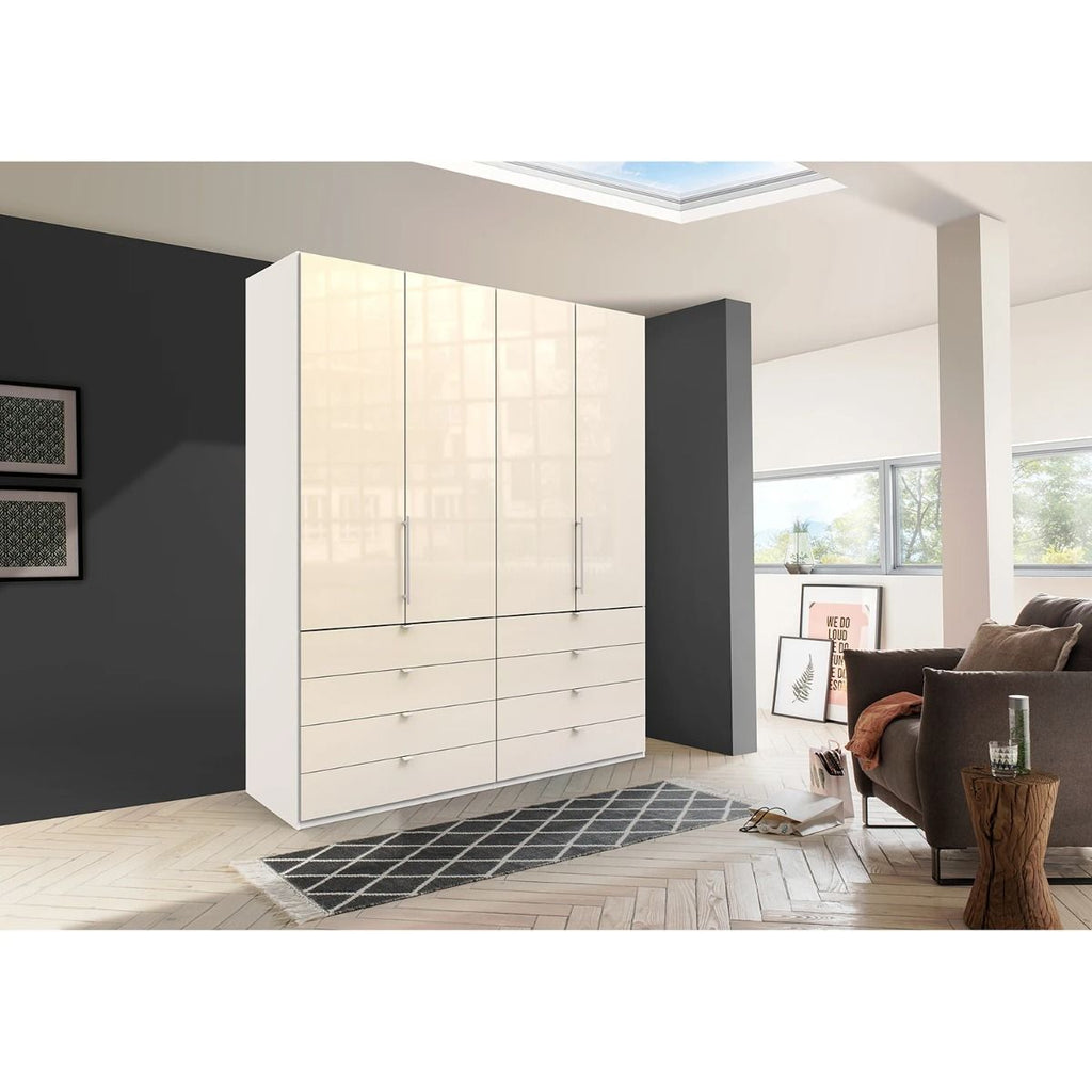 Oakwood Wiemann Loft Magnolia Glass Front 2M Bi-Folding Doors Wardrobe With Drawers