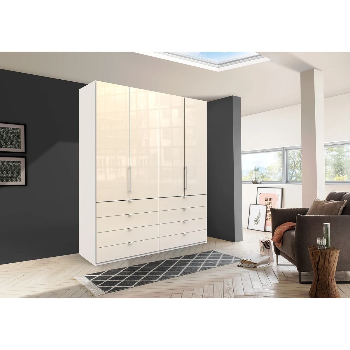 Oakwood Wiemann Loft Magnolia Glass Front 2M Bi-Folding Doors Wardrobe With Drawers