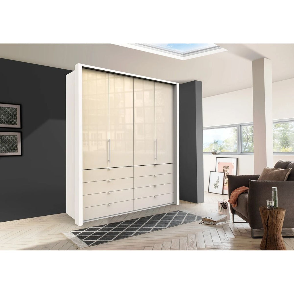 Oakwood Wiemann Loft Magnolia Glass Front 2M Bi-Folding Doors Wardrobe With Drawers