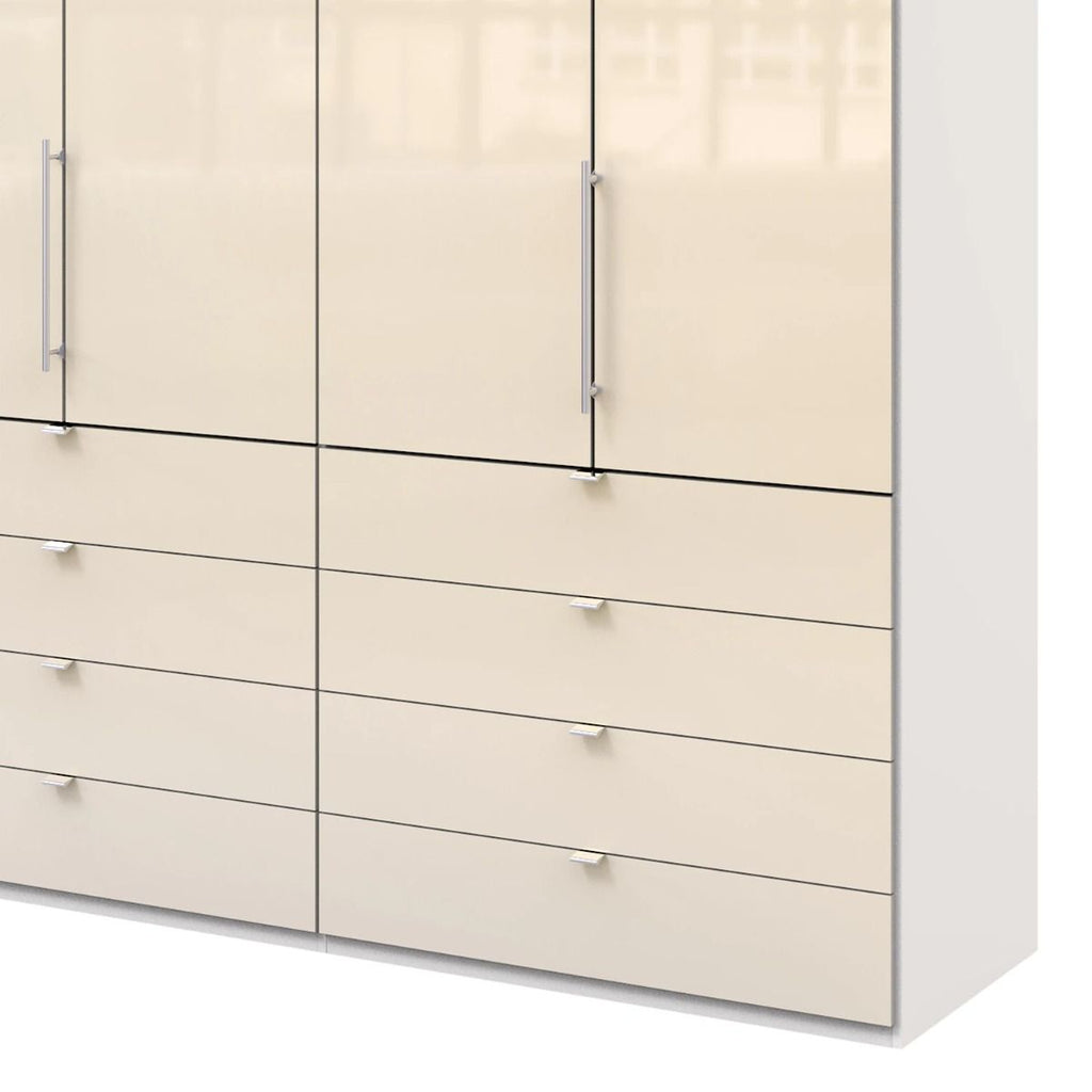 Oakwood Wiemann Loft Magnolia Glass Front 2M Bi-Folding Doors Wardrobe With Drawers