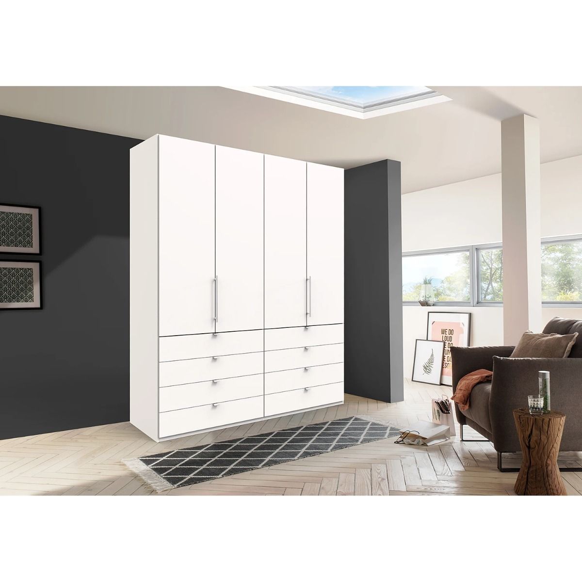 Oakwood Wiemann Loft White Glass 200CM Bi-Folding Doors Wardrobe With Drawers