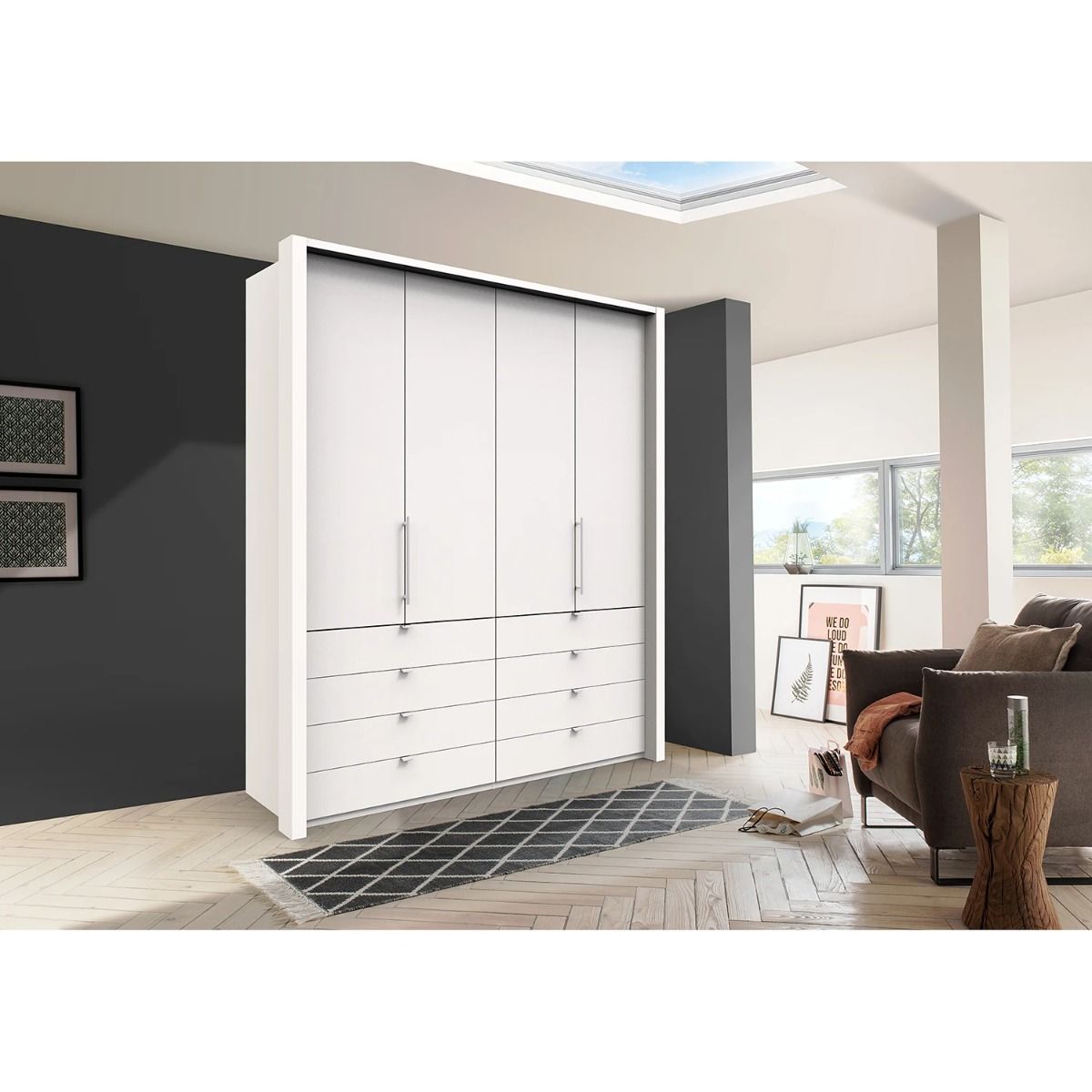Oakwood Wiemann Loft White Glass 200CM Bi-Folding Doors Wardrobe With Drawers