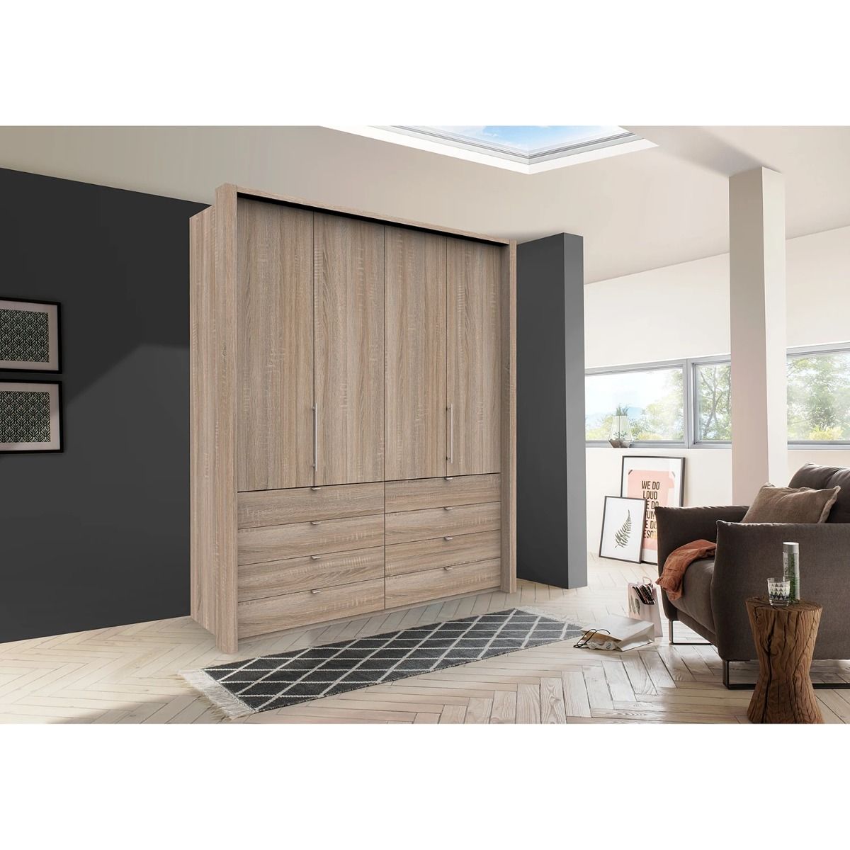 Oakwood Wiemann Loft Dark Rustic Oak 2M Bi-Folding Doors Wardrobe With Drawers