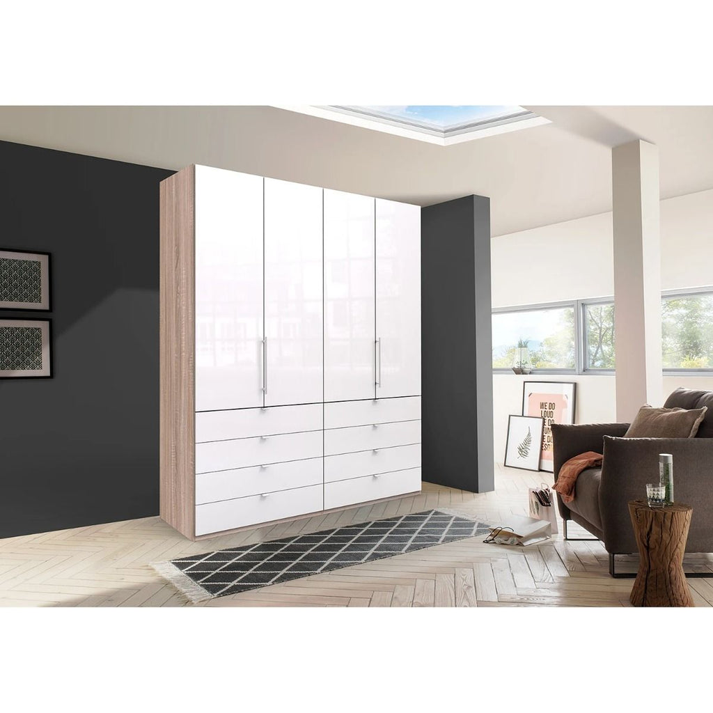 Oakwood Wiemann Loft White Glass Front 200CM Bi-Folding Doors Wardrobe With Drawers