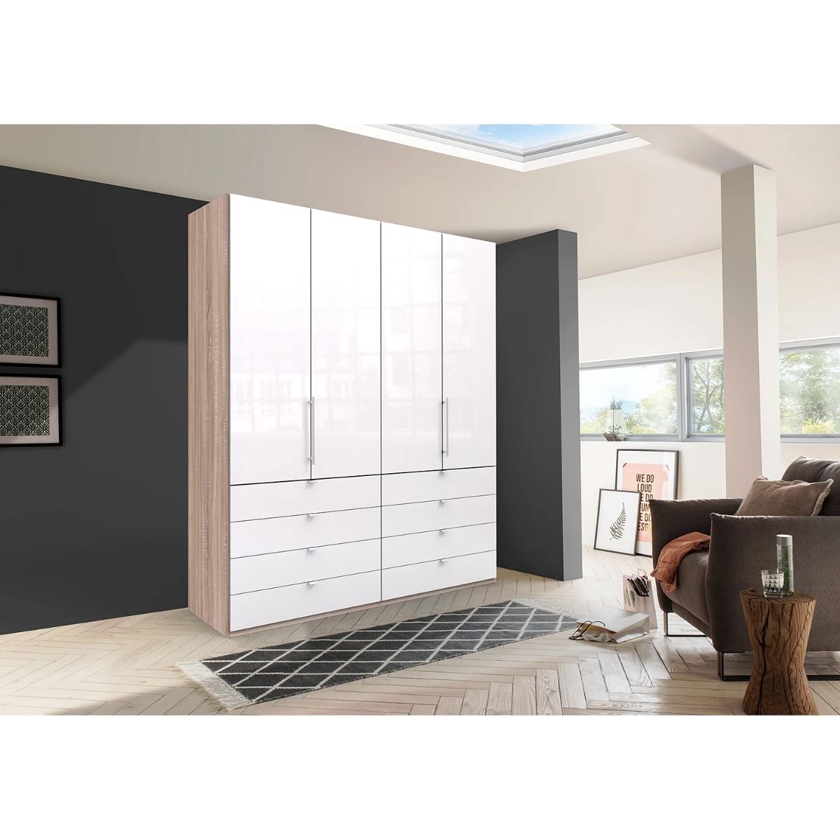 Oakwood Wiemann Loft White Glass Front 200CM Bi-Folding Doors Wardrobe With Drawers