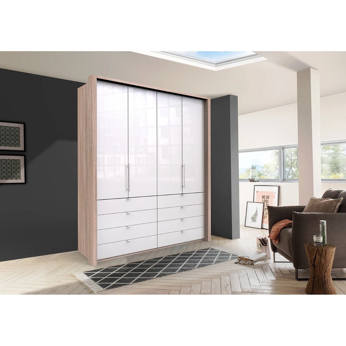 Oakwood Wiemann Loft White Glass Front 200CM Bi-Folding Doors Wardrobe With Drawers