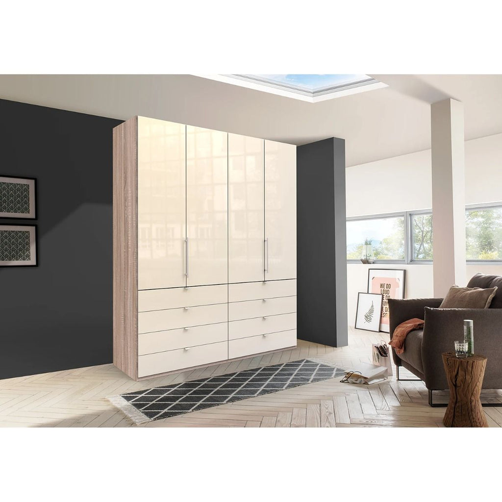 Oakwood Wiemann Loft Magnolia Glass Front 200CM Bi-Folding Doors Wardrobe With Drawers