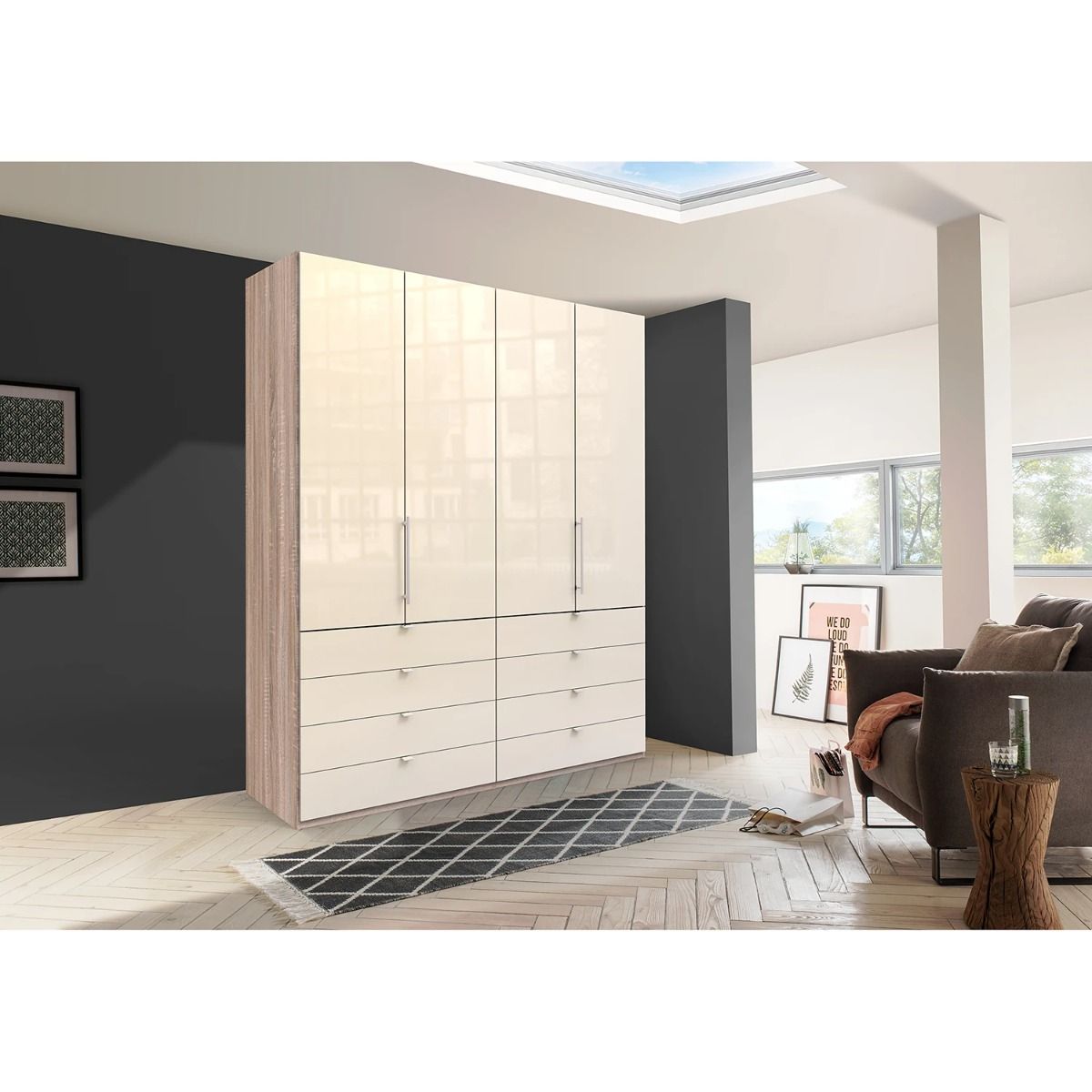 Oakwood Wiemann Loft Magnolia Glass Front 200CM Bi-Folding Doors Wardrobe With Drawers