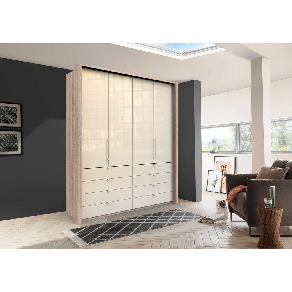 Oakwood Wiemann Loft Magnolia Glass Front 200CM Bi-Folding Doors Wardrobe With Drawers