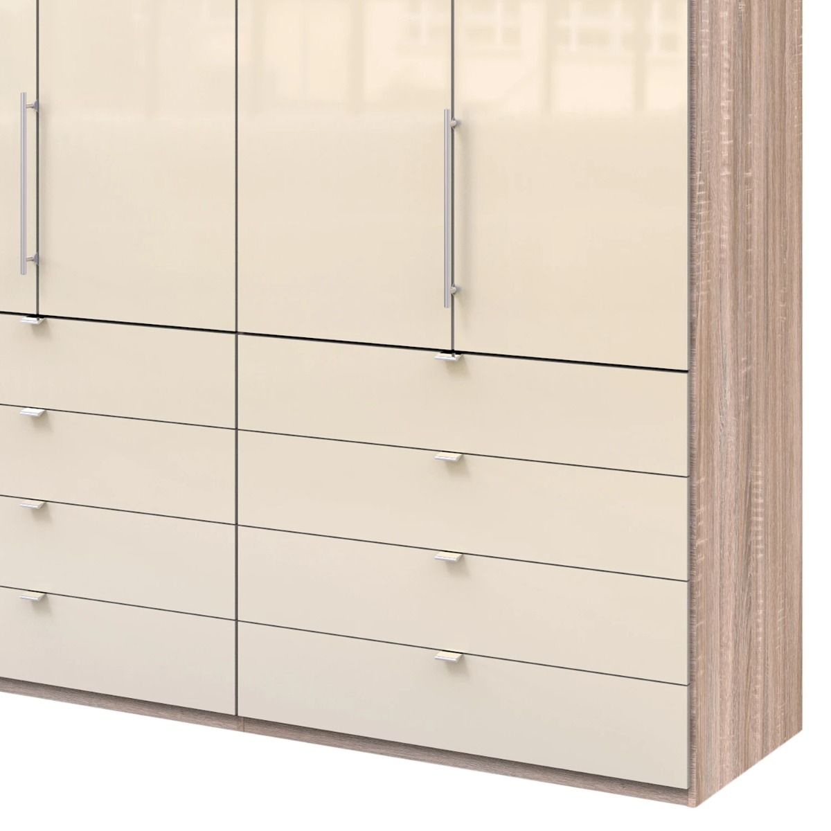 Oakwood Wiemann Loft Magnolia Glass Front 200CM Bi-Folding Doors Wardrobe With Drawers