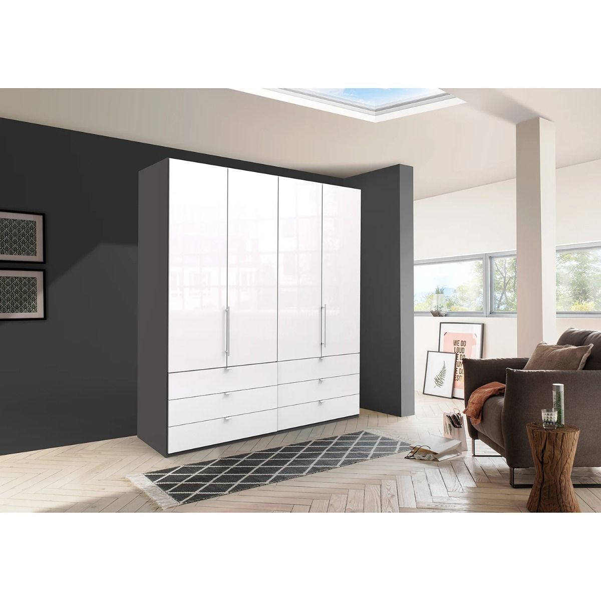 Oakwood Wiemann Loft White Glass Front 200CM Bi-Folding Doors Wardrobe With Drawers