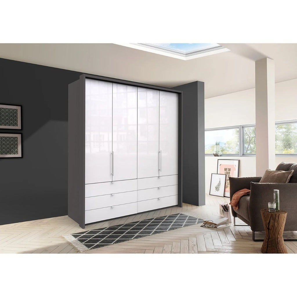 Oakwood Wiemann Loft White Glass Front 200CM Bi-Folding Doors Wardrobe With Drawers