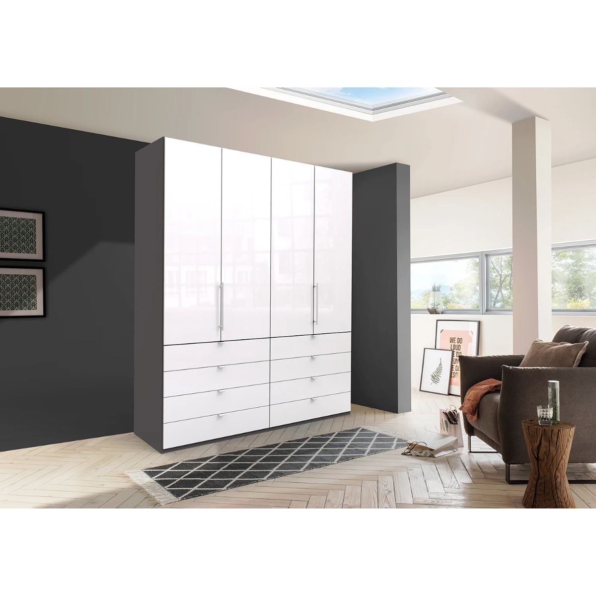 Oakwood Wiemann Loft White Glass Front 200CM Bi-Folding Doors Wardrobe With Drawers