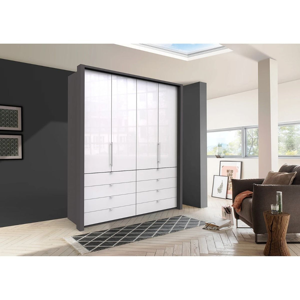 Oakwood Wiemann Loft White Glass Front 200CM Bi-Folding Doors Wardrobe With Drawers