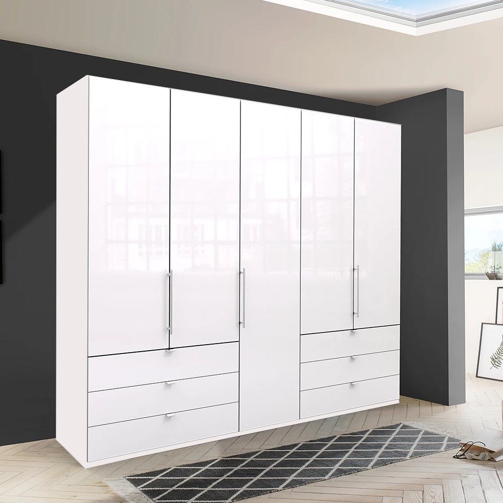 Oakwood Wiemann Loft White Glass 250CM Bi-Folding Doors Wardrobe With Drawers