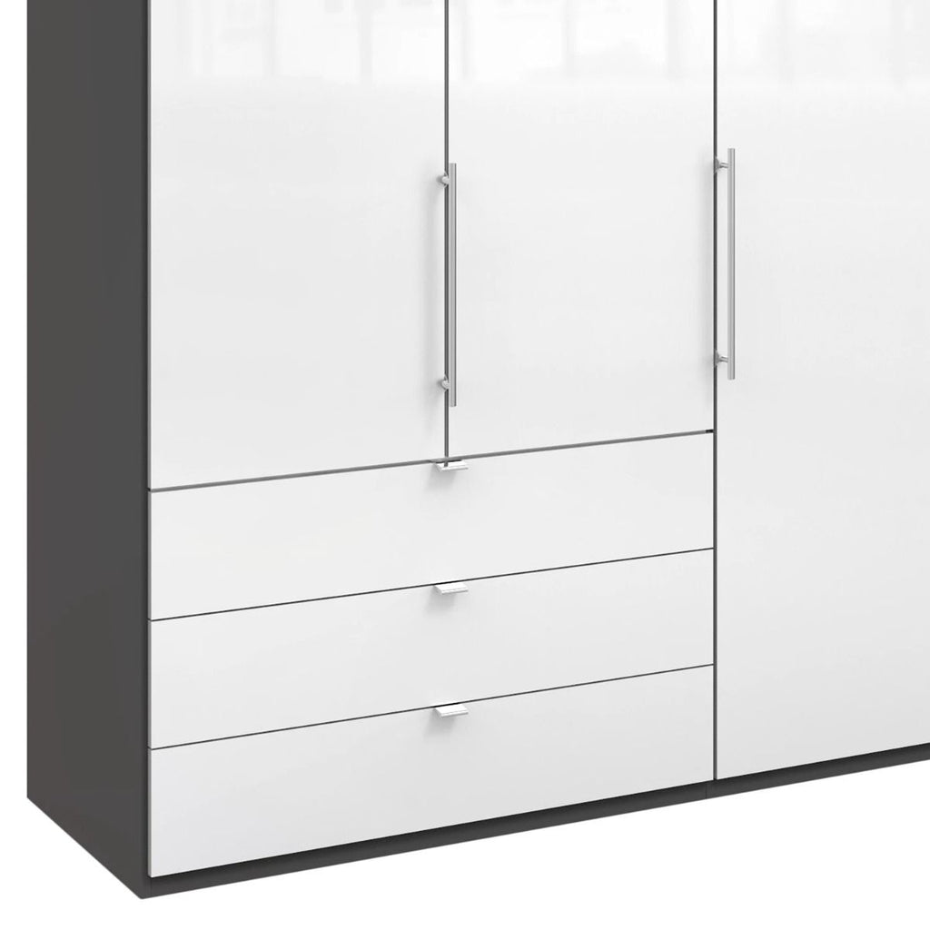 Oakwood Wiemann Loft White Glass Front 250CM Bi-Folding Doors Wardrobe With Drawers