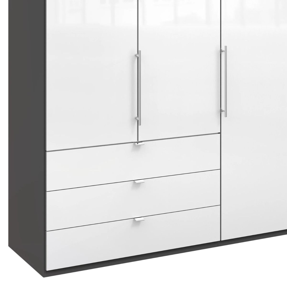 Oakwood Wiemann Loft White Glass Front 250CM Bi-Folding Doors Wardrobe With Drawers