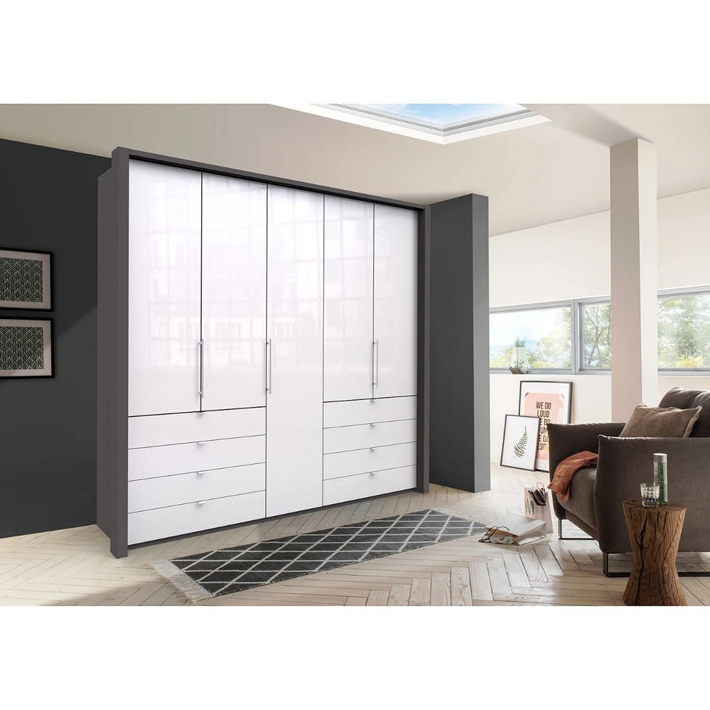 Oakwood Wiemann Loft White Glass Front 250CM Bi-Folding Doors Wardrobe With Drawers