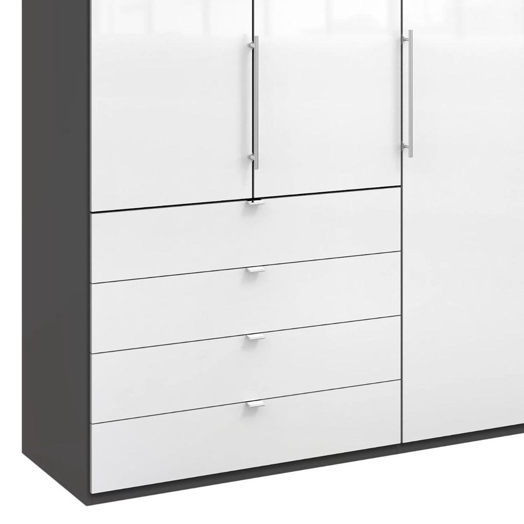 Oakwood Wiemann Loft White Glass Front 250CM Bi-Folding Doors Wardrobe With Drawers