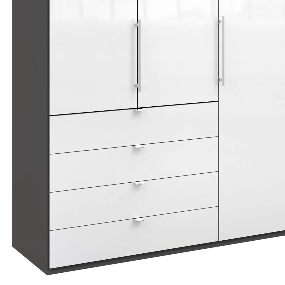 Oakwood Wiemann Loft White Glass Front 250CM Bi-Folding Doors Wardrobe With Drawers