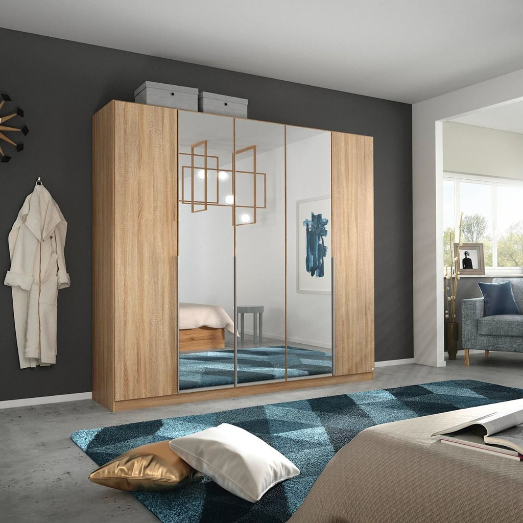Oakwood Rauch Alabama Sonoma Oak and Mirror 5 Door Hinged Wardrobe