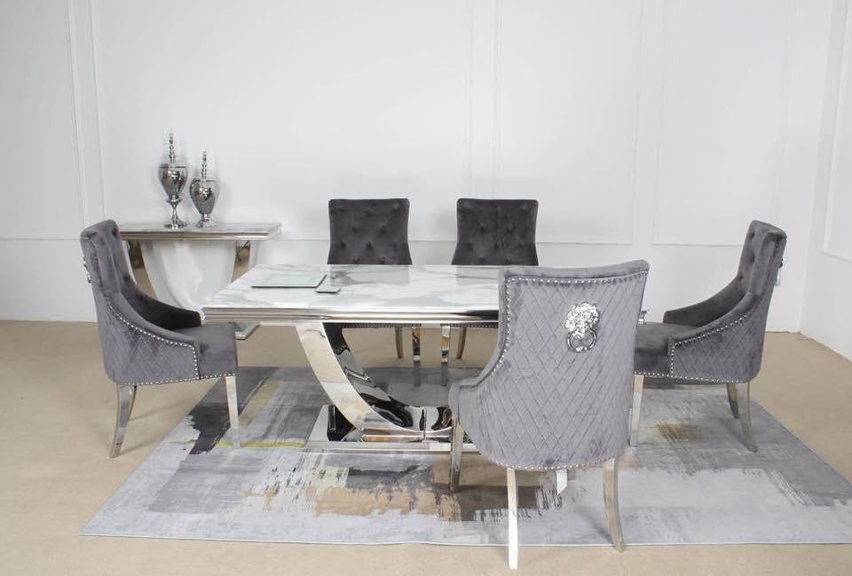 Oakwood Chelsea 1.5M White or Grey Marble Top Dining Table Set