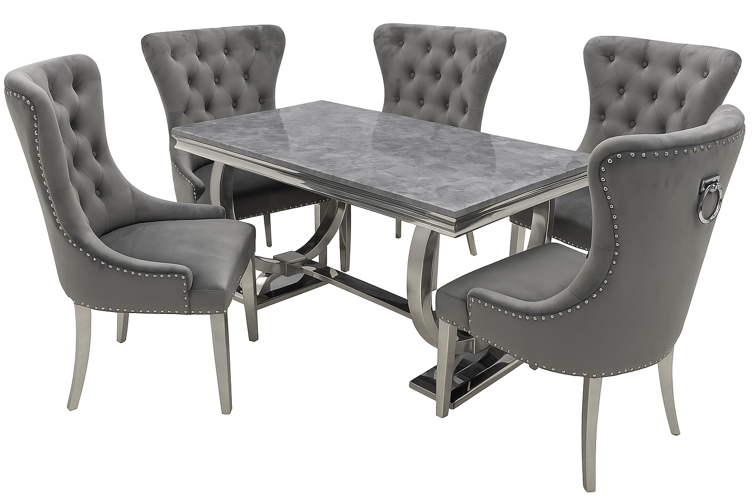 Oakwood Arianna 1.5M Grey Marble Top Dining Table With 4 Megan Dining Chairs