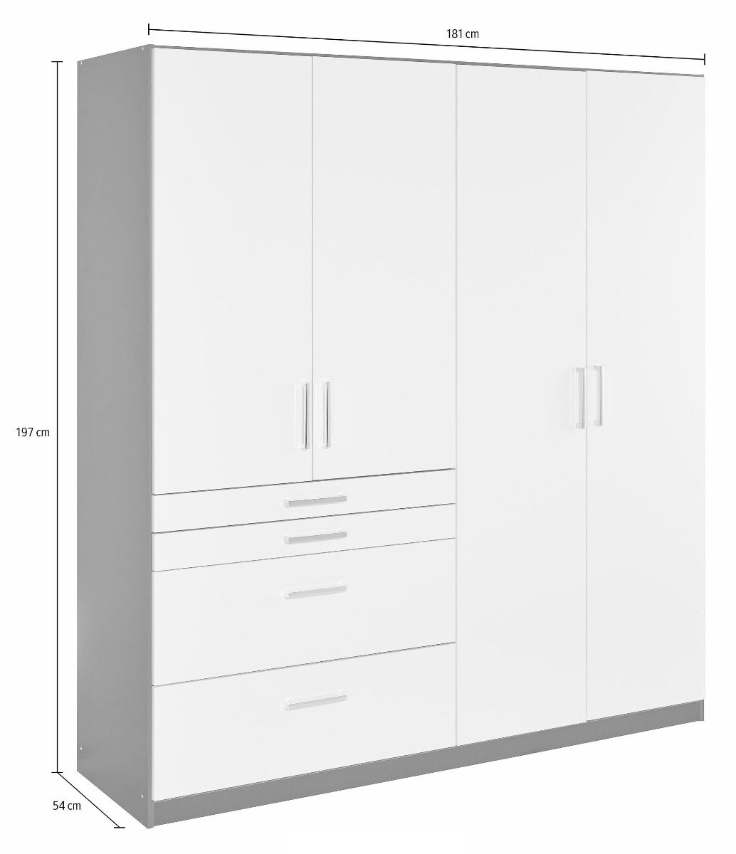 Oakwood Rauch Homburg High Gloss Effect Grey 4 Door Hinged Combi Wardrobe