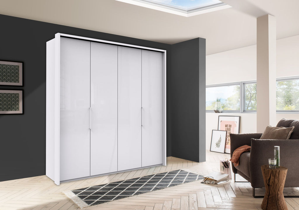 Oakwood Wiemann Kansas White Glass 4 Door Wardrobe with Bi-Folding Automatic Doors