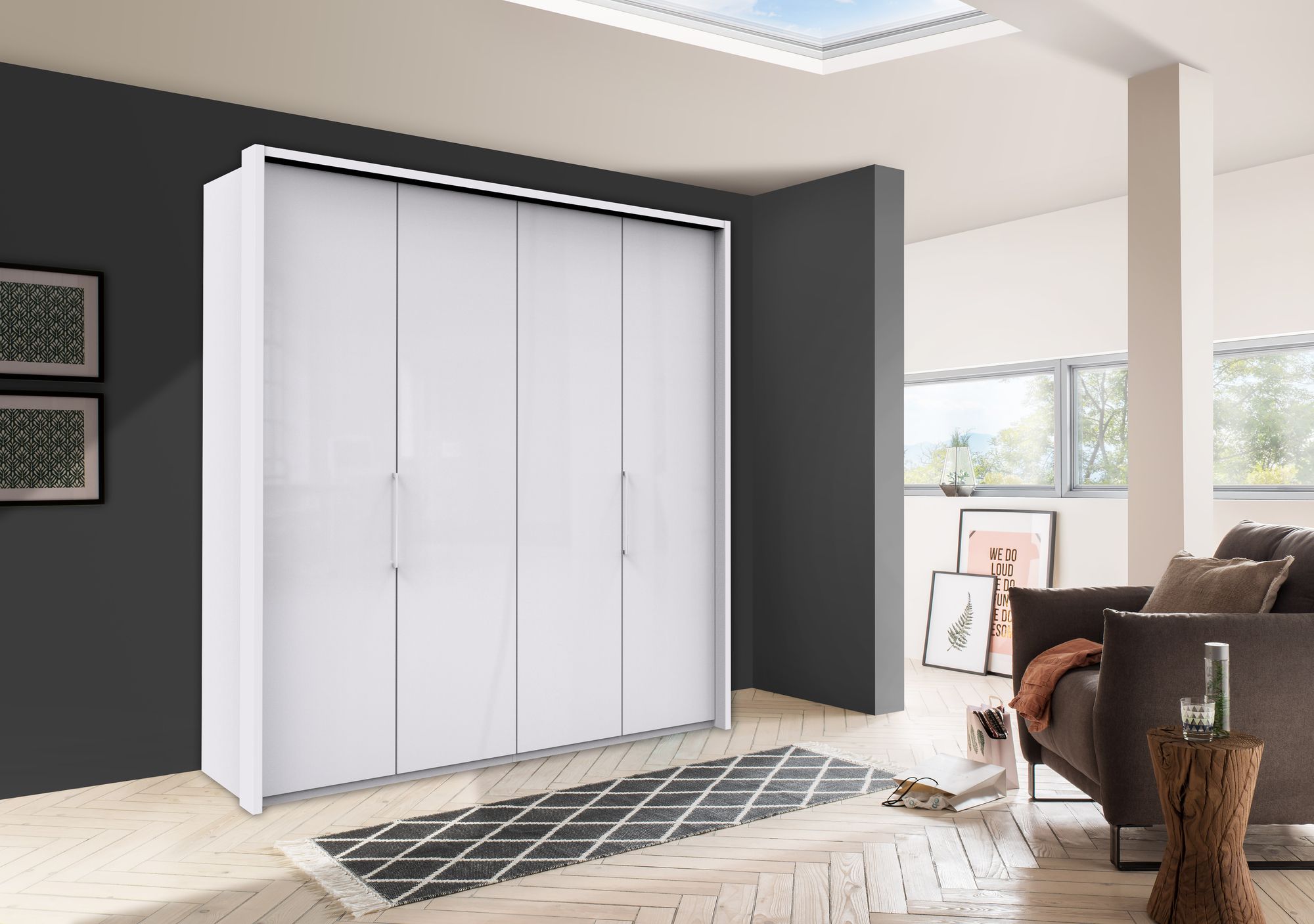 Oakwood Wiemann Kansas White Glass 4 Door Wardrobe with Bi-Folding Automatic Doors